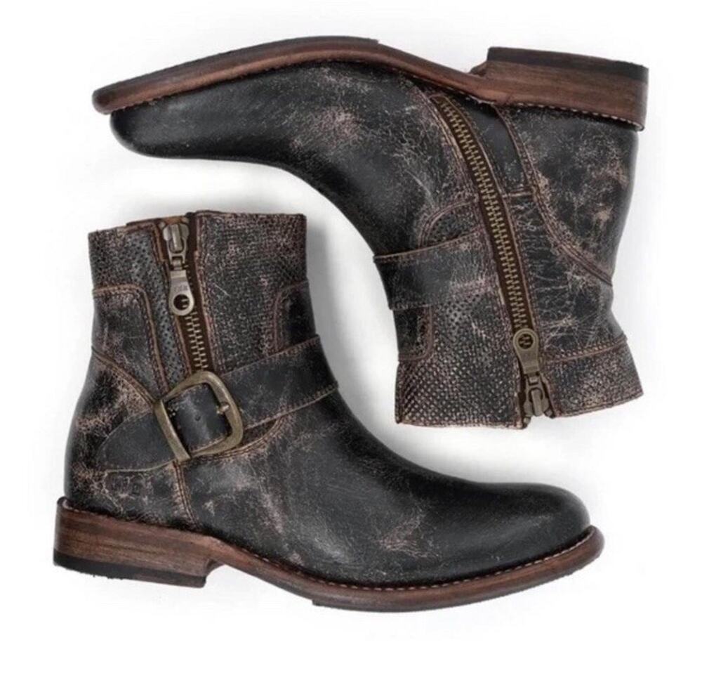 BED STU Becca Black Lux Distressed Leather Moto Ankle Boots Women Size 8